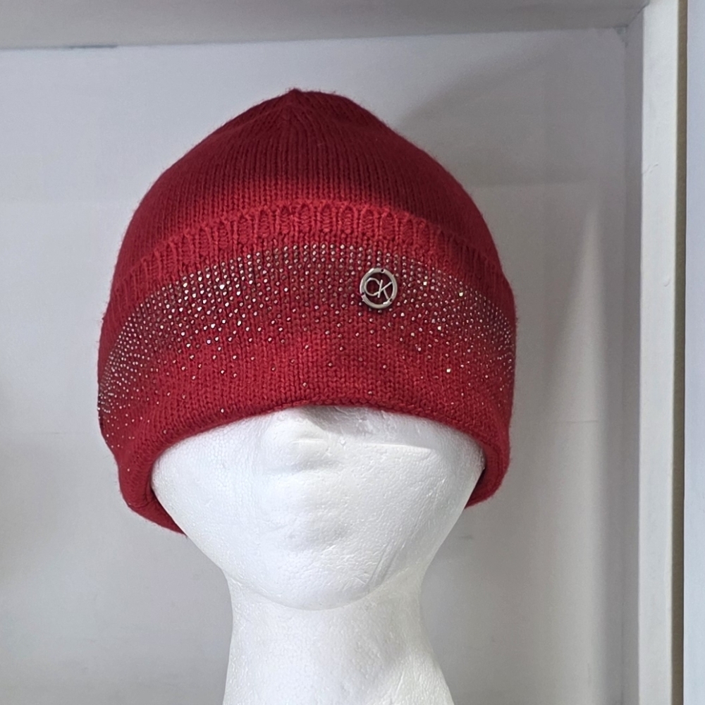 Calvin Klein Sparkling Rhinstobes Red Beanie Hat